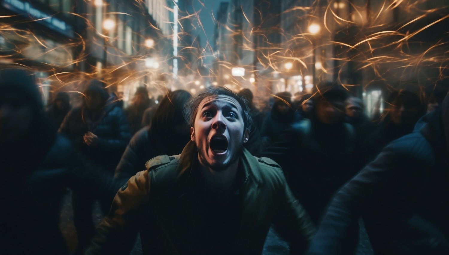 Uomo sopraffatto dallo stress della vita moderna, tra schermi, scadenze e notifiche