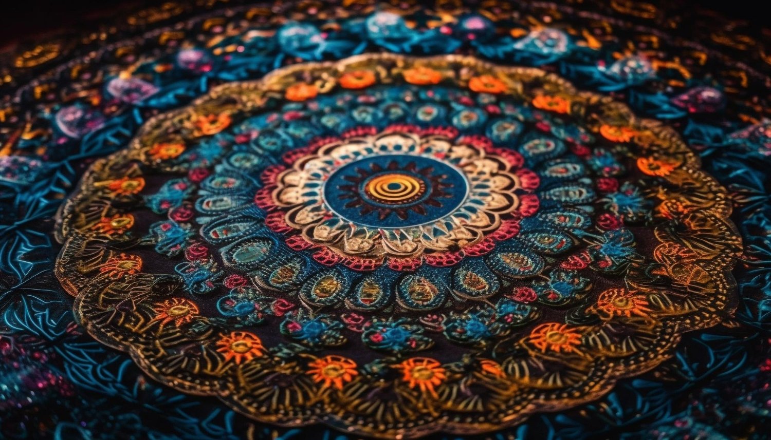 Monaci tibetani che realizzano un mandala di sabbia colorata, tappa della storia dei mandala