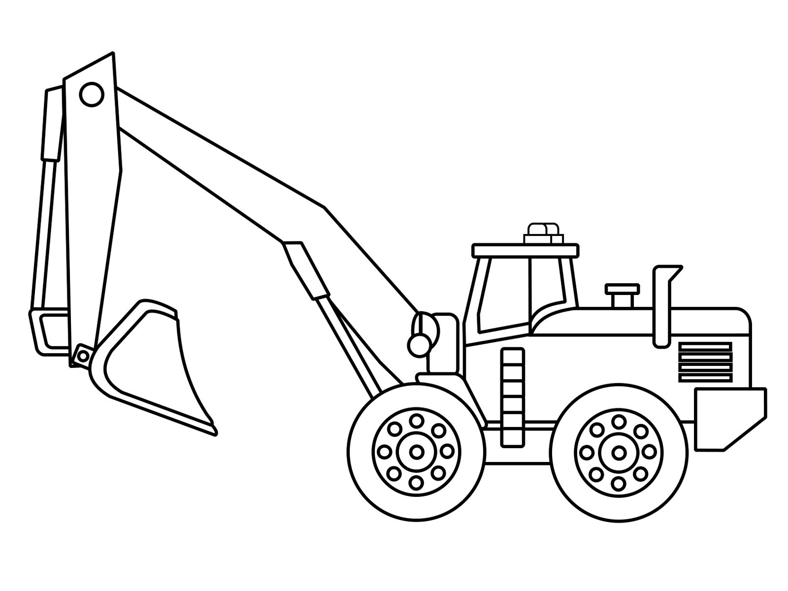 Disegno di una scavatrice da colorare con benna e cingoli, in bianco e nero per bambini
